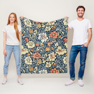 Vintage-style blue colour botanical pattern fleec fleece blanket