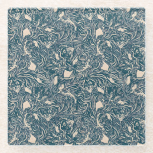 Vintage-style blue colour botanical pattern glass coaster