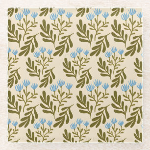 Vintage-style blue colour botanical pattern glass coaster