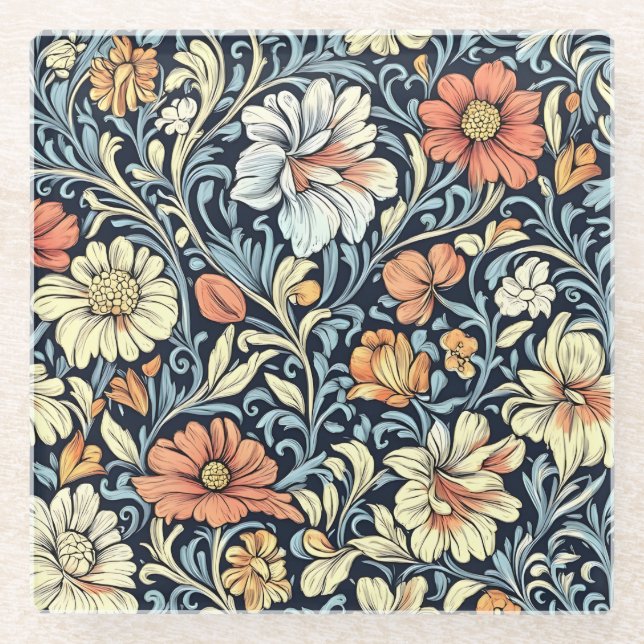 Vintage-style blue colour botanical pattern  glass coaster (Front)