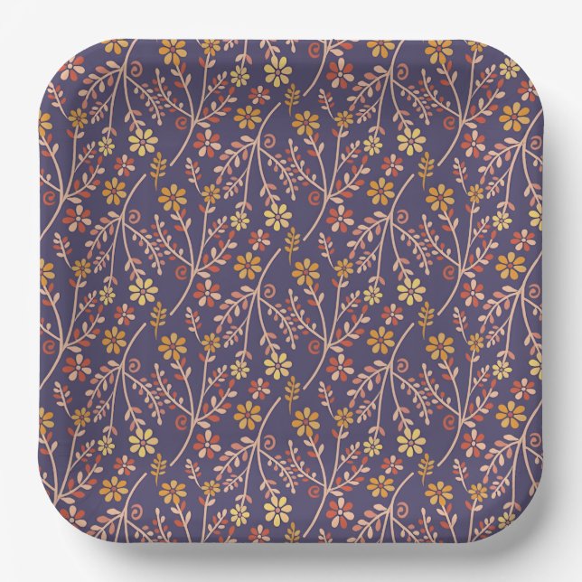 Vintage-style blue colour botanical pattern  paper plate (Front)