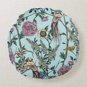 Vintage-style blue colour botanical pattern  round cushion