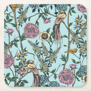 Vintage-style blue colour botanical pattern  square paper coaster