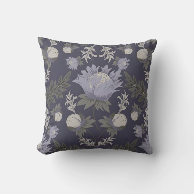 Vintage-style blue colour botanical pattern  throw cushion (Front)