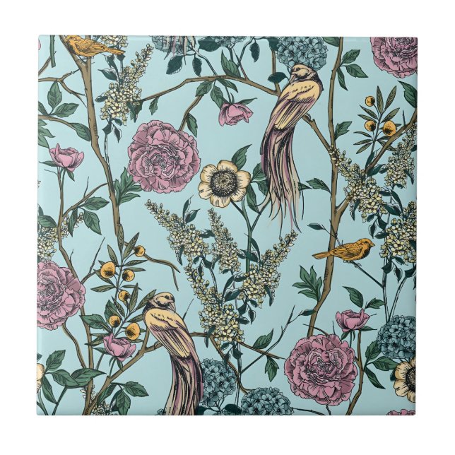 Vintage-style blue colour botanical pattern  tile (Front)