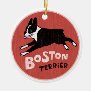 Vintage Style Boston Terrier Dog Christmas Holiday Ceramic Tree Decoration