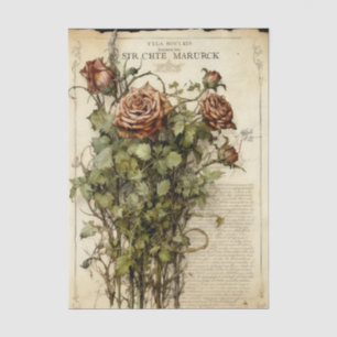 Vintage Style Bouquet of Red Roses on Script Tissue Paper