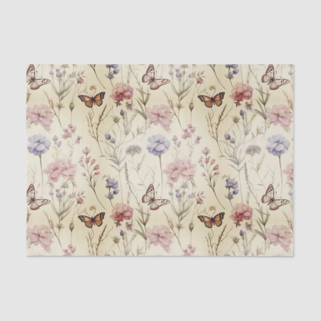 Vintage Style Butterflies and Flowers Decoupage Tissue Paper (Front)