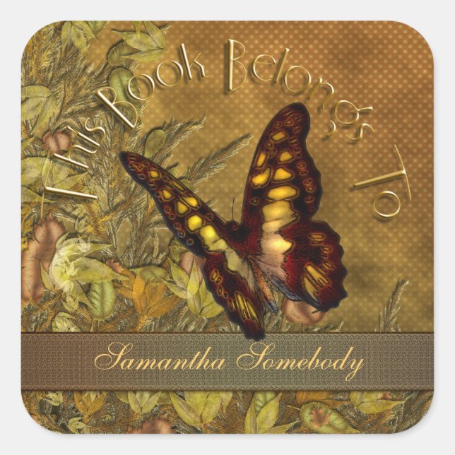Vintage Style Butterfly Bookplate Square Sticker (Front)