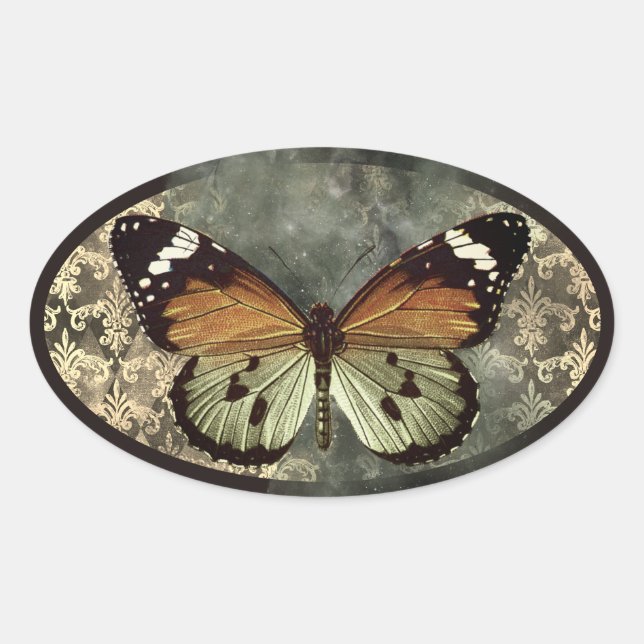 Vintage Style Butterfly Gothic Oval Sticker (Front)