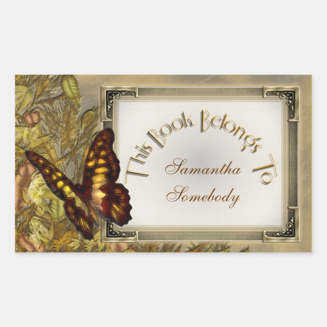 Vintage Style Butterfly Illustration Bookplate Rectangular Sticker (Front)