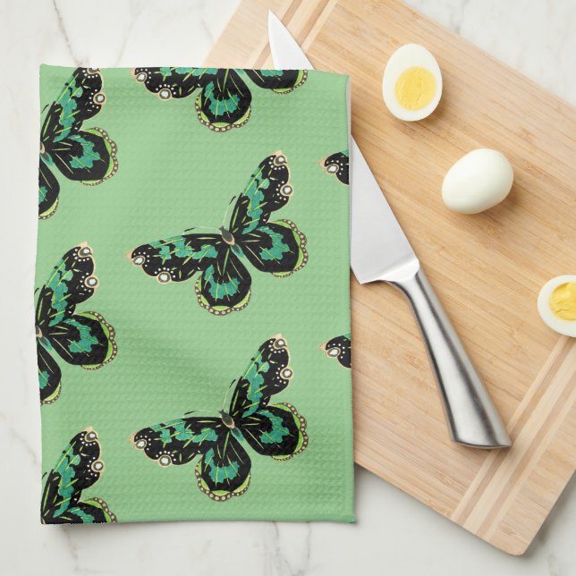 Vintage Style Butterfly Kitchen Towel in Green (Quarter Fold)