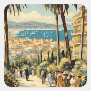 Vintage Style Cannes French Travel Watercolor Square Sticker