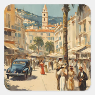 Vintage Style Cannes French Travel Watercolor Square Sticker