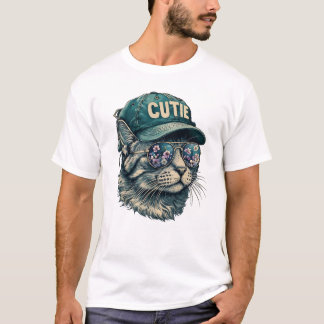 Vintage-Style Cat With Green Cap And Floral Sungla T-Shirt