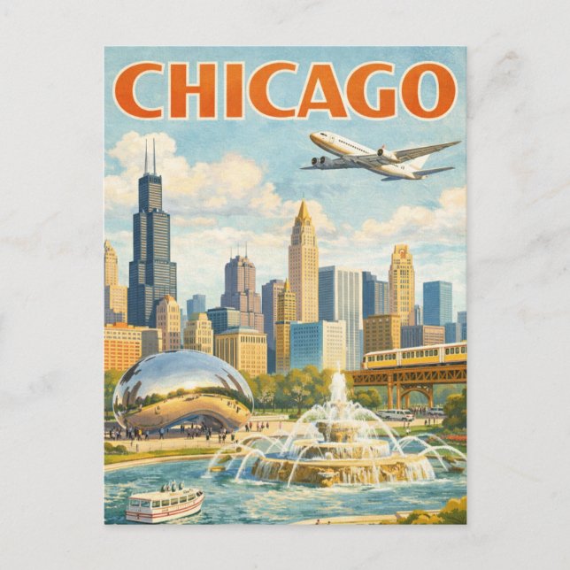 Vintage Style Chicago Travel Postcard (Front)