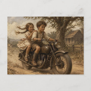 Vintage Style Children Riding Antique Motorcycle Postcard