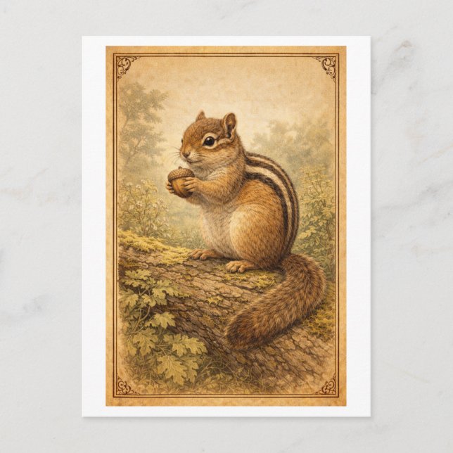 Vintage-Style Chipmunk Illustration Postcard (Front)