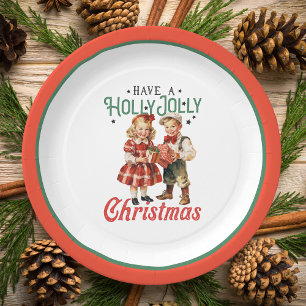 Vintage Style Christmas Children Holly Jolly Paper Plate