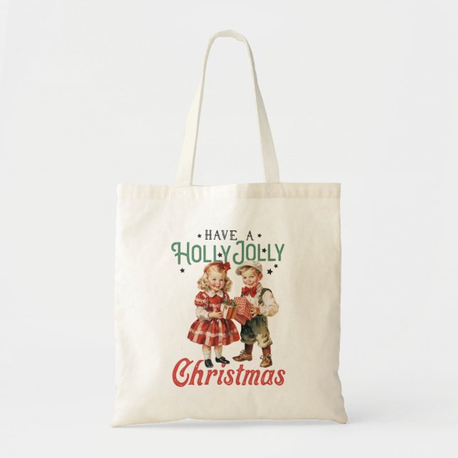 Vintage Style Christmas Children Holly Jolly Tote Bag (Front)