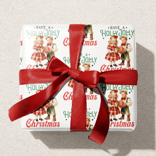 Vintage Style Christmas Children Holly Jolly Wrapping Paper