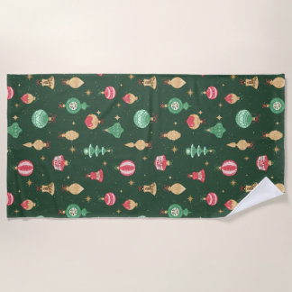Vintage Style Christmas Ornament Pattern - Green Beach Towel
