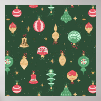 Vintage Style Christmas Ornament Pattern - Green Poster