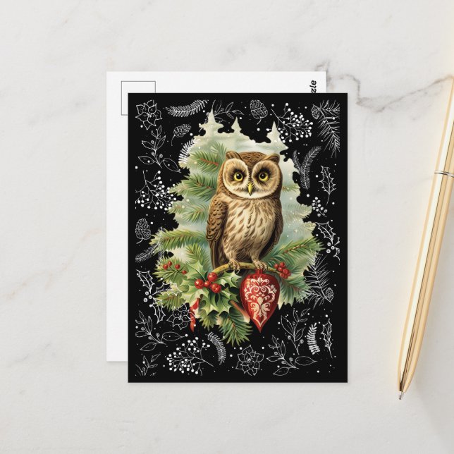 Vintage Style Christmas Snow Owl and Evergreen Postcard (Front/Back In Situ)