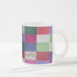 vintage style colourful knitted patchwork frosted glass coffee mug