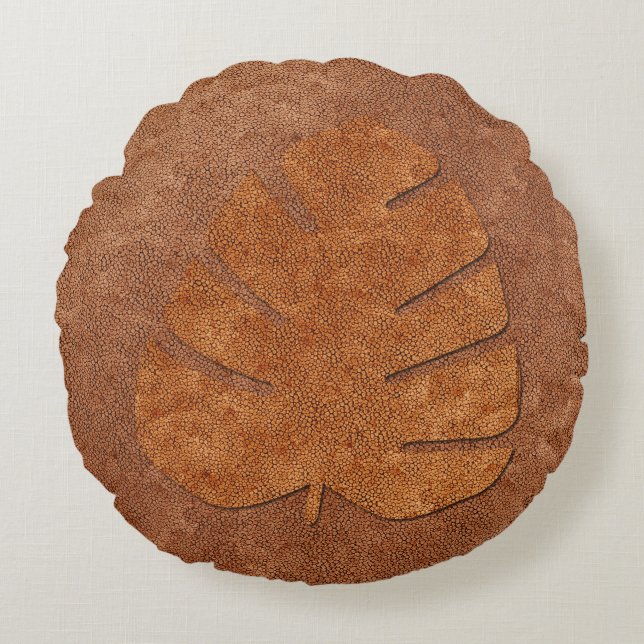 Vintage Style Copper Light Textured Leaf Round Cushion (Front)
