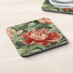 Vintage-Style Coral & Blush Peony Garden Patterned Coaster