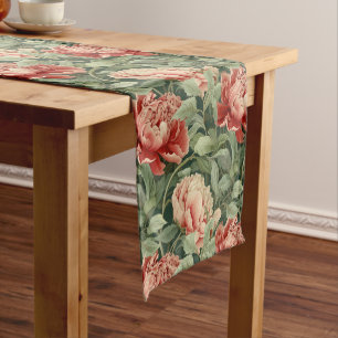 Vintage-Style Coral & Blush Peony Garden Patterned Short Table Runner