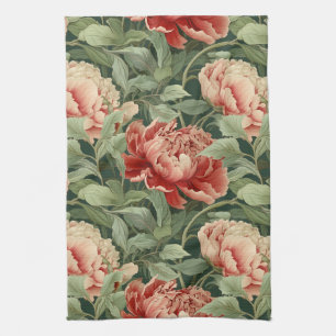 Vintage-Style Coral & Blush Peony Garden Patterned Tea Towel