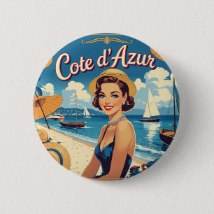 Vintage Style Cote D'Azur Beach Girl 6 Cm Round Badge