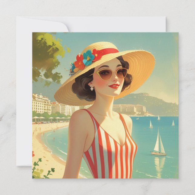 Vintage Style Cote D'Azur Beach Girl Flat Card (Front)