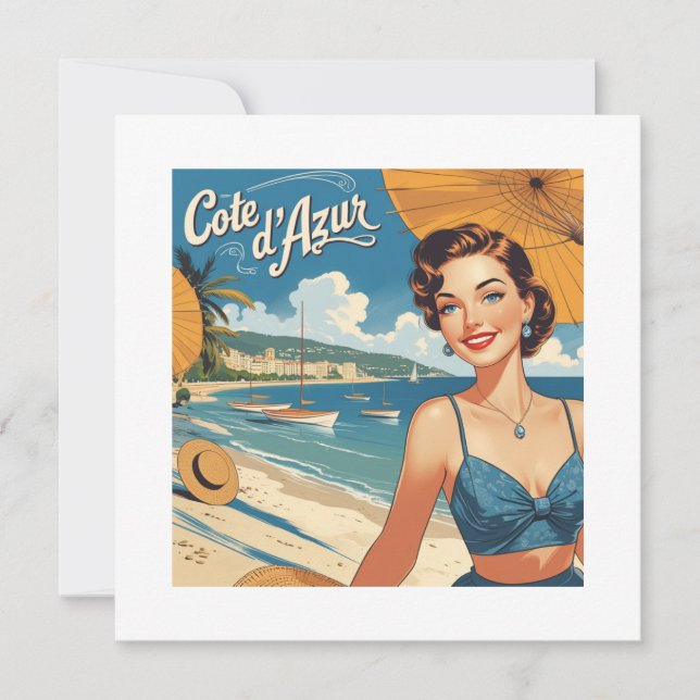 Vintage Style Cote D'Azur Beach Girl Holiday Card (Front)