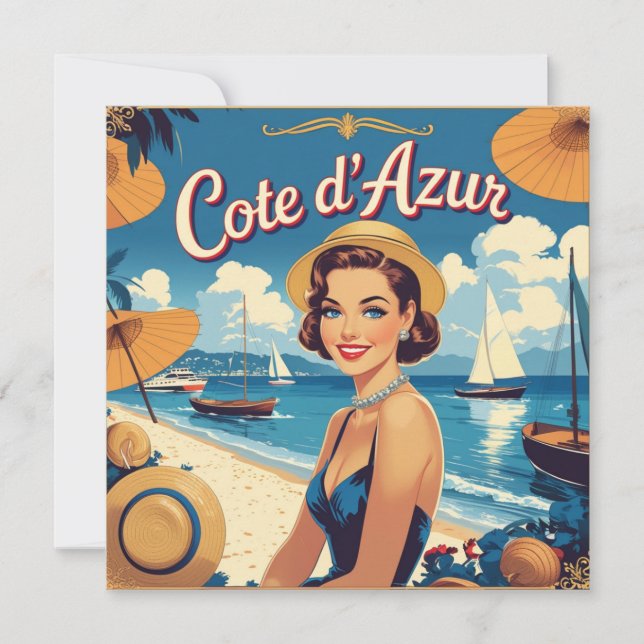 Vintage Style Cote D'Azur Beach Girl Holiday Card (Front)