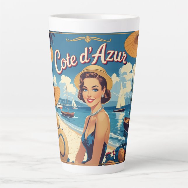 Vintage Style Cote D'Azur Beach Girl Latte Mug (Front)