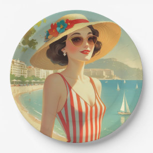 Vintage Style Cote D'Azur Beach Girl Paper Plate