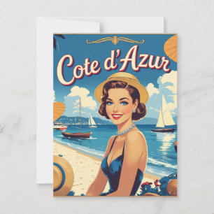 Vintage Style Cote D'Azur Beach Girl Postcard