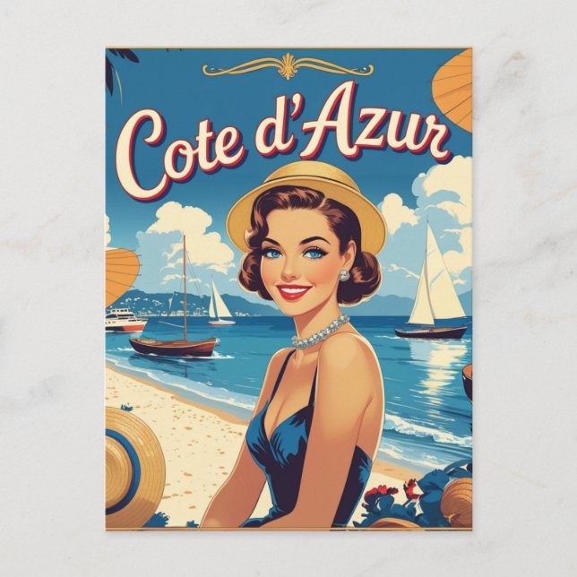 Vintage Style Cote D'Azur Beach Girl Postcard (Front)