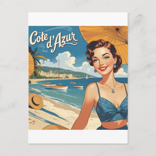 Vintage Style Cote D'Azur Beach Girl Postcard (Front)
