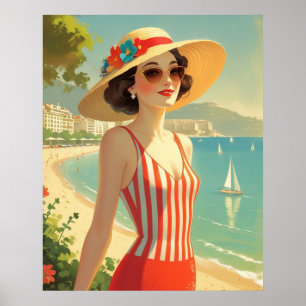 Vintage Style Cote D'Azur Beach Girl Poster