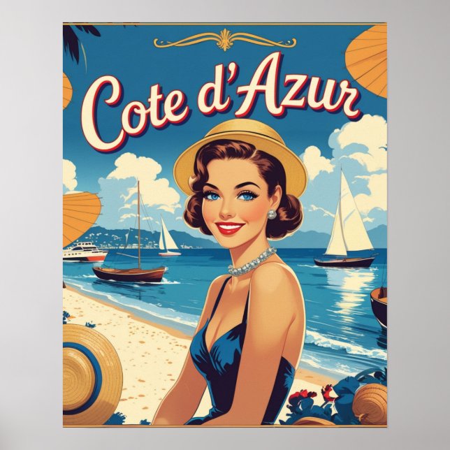 Vintage Style Cote D'Azur Beach Girl Poster (Front)