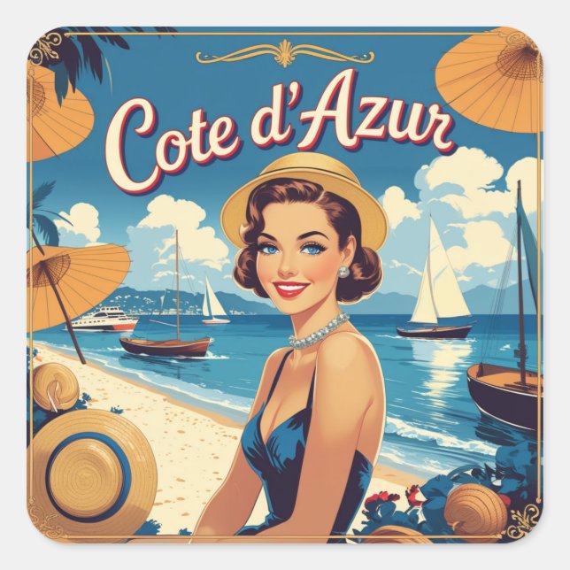 Vintage Style Cote D'Azur Beach Girl Square Sticker (Front)