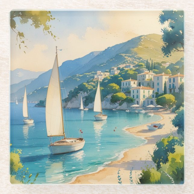 Vintage Style Cote D'Azur French Travel  Glass Coaster (Front)