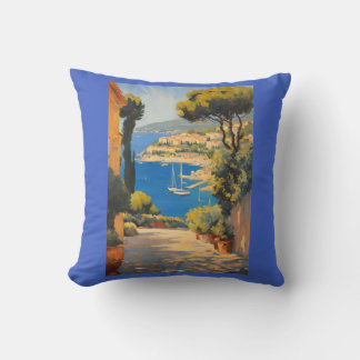 Vintage Style Cote D'Azur French Travel Painting Cushion