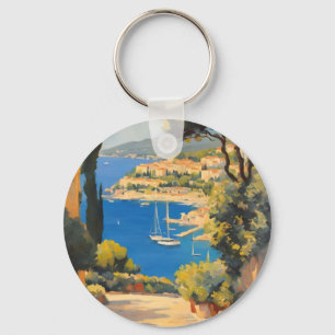 Vintage Style Cote D'Azur French Travel Painting Key Ring
