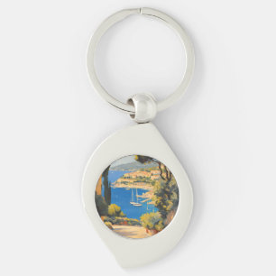 Vintage Style Cote D'Azur French Travel Painting Key Ring
