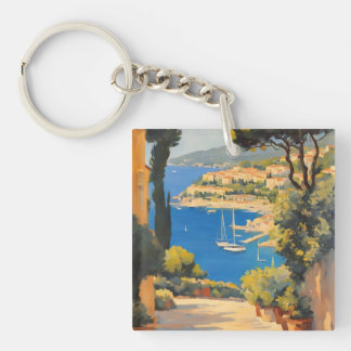 Vintage Style Cote D'Azur French Travel Painting Key Ring